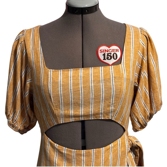 Zara Linen Blend Cutout Puff Sleeve Dress – Mustard Stripe, Size M - Picture 8 of 12